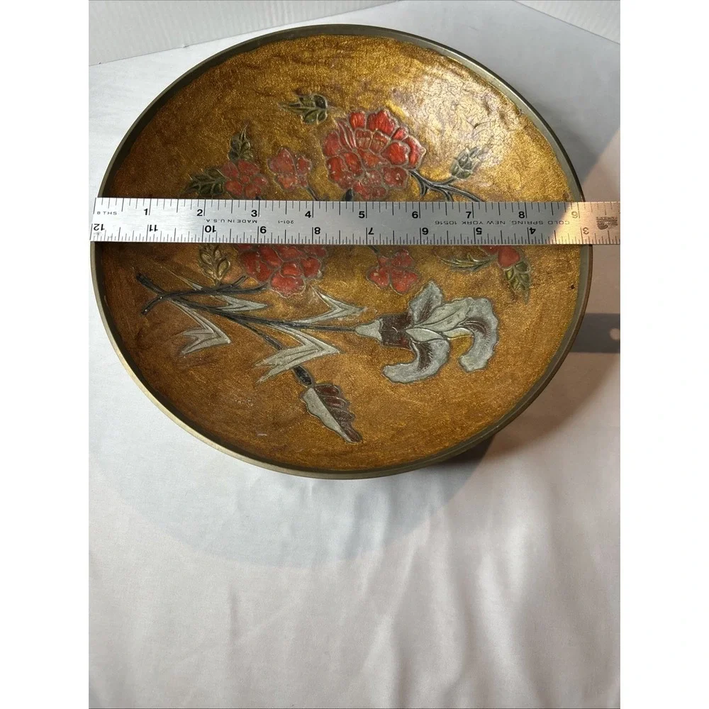 Vintage Brass World Decorative Bowl Centerpiece‎ Pink Rose Floral 9